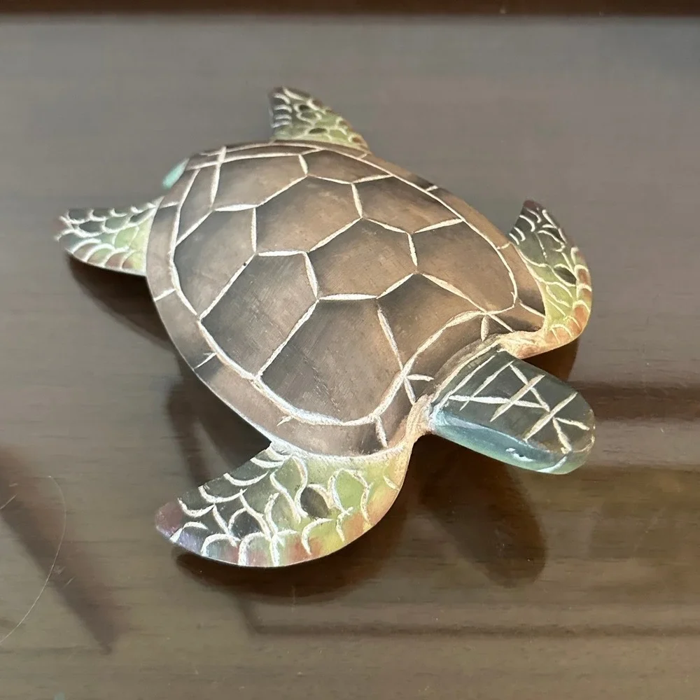 Carved Wood Sea Turtle Wall Decor Tropical Coastal Figurine Indonesia 7'' Beach